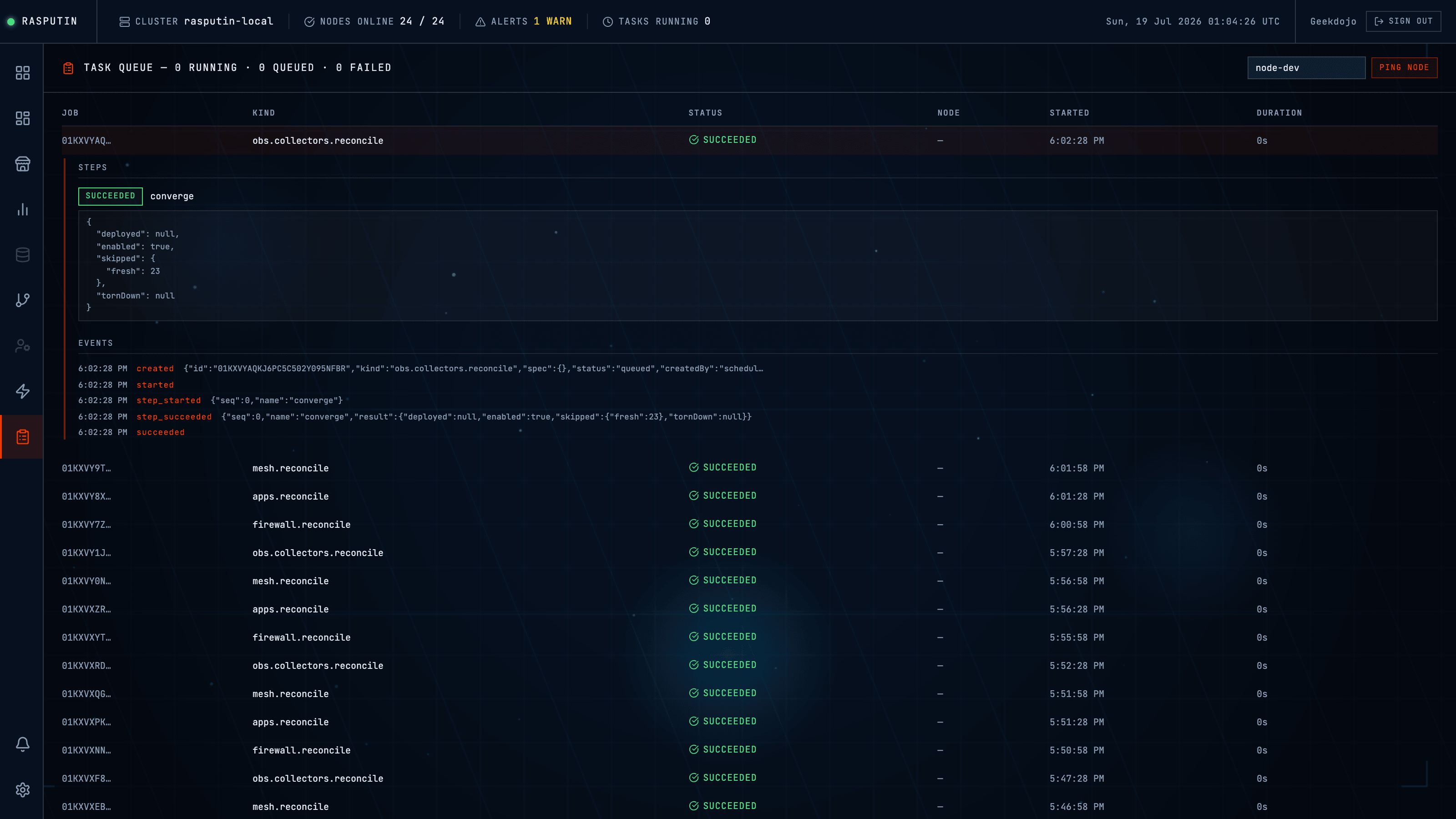 Tasks page with a reconcile job expanded into its steps and live event stream, above a queue of succeeded jobs