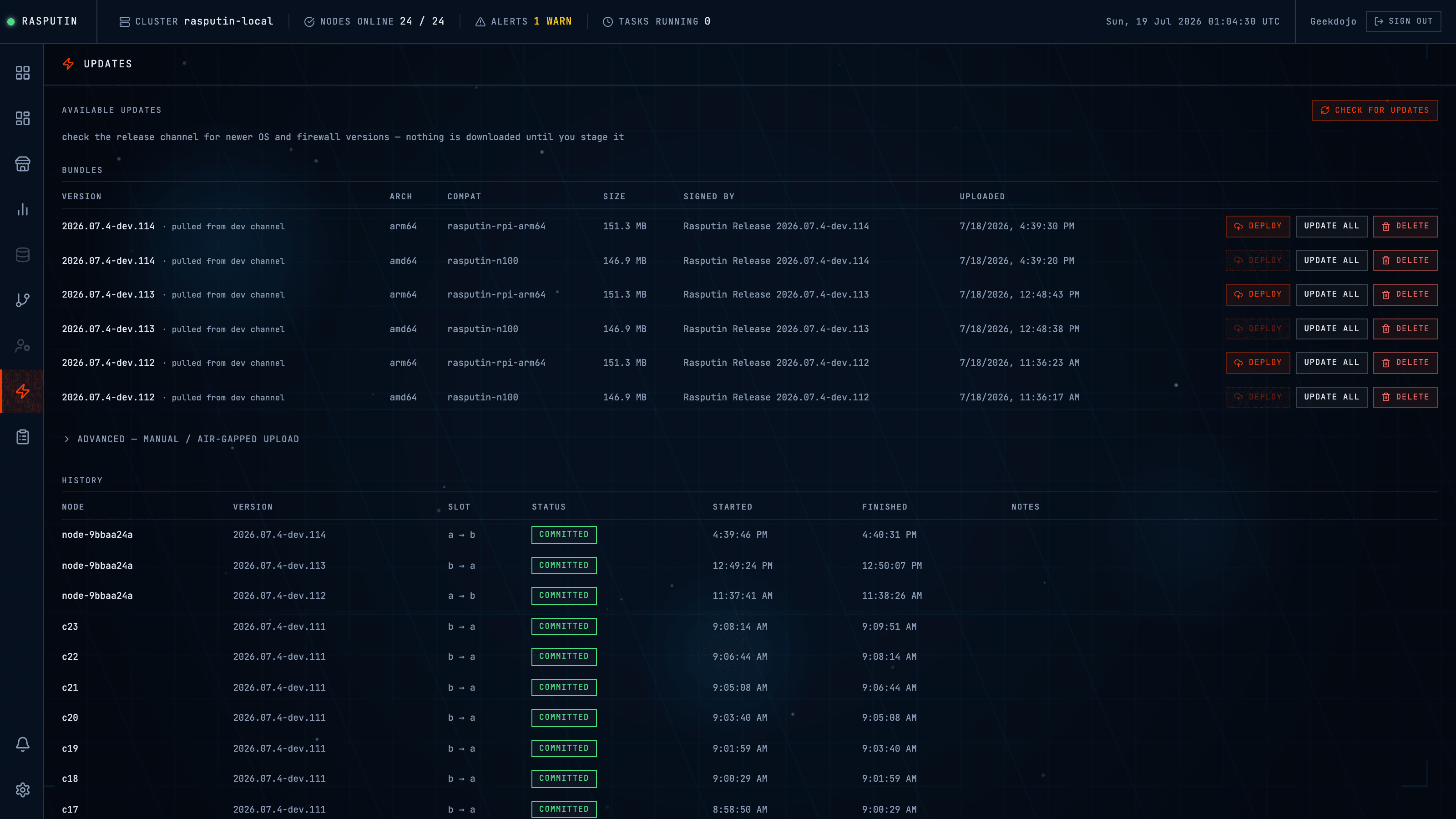 Updates page listing signed OS bundles per architecture, with a deploy history showing each node's A/B slot flip committed